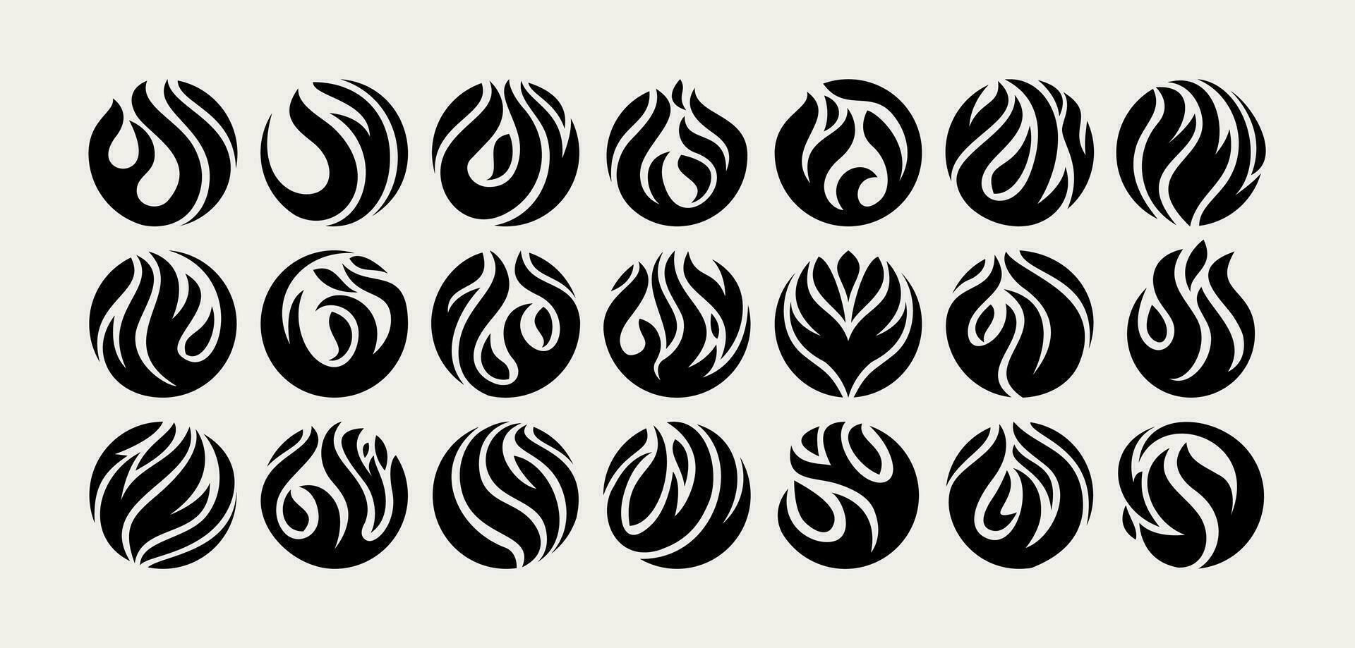 Set of silhouette circle gas fire logo design. Modern round smoke flame logo. vector