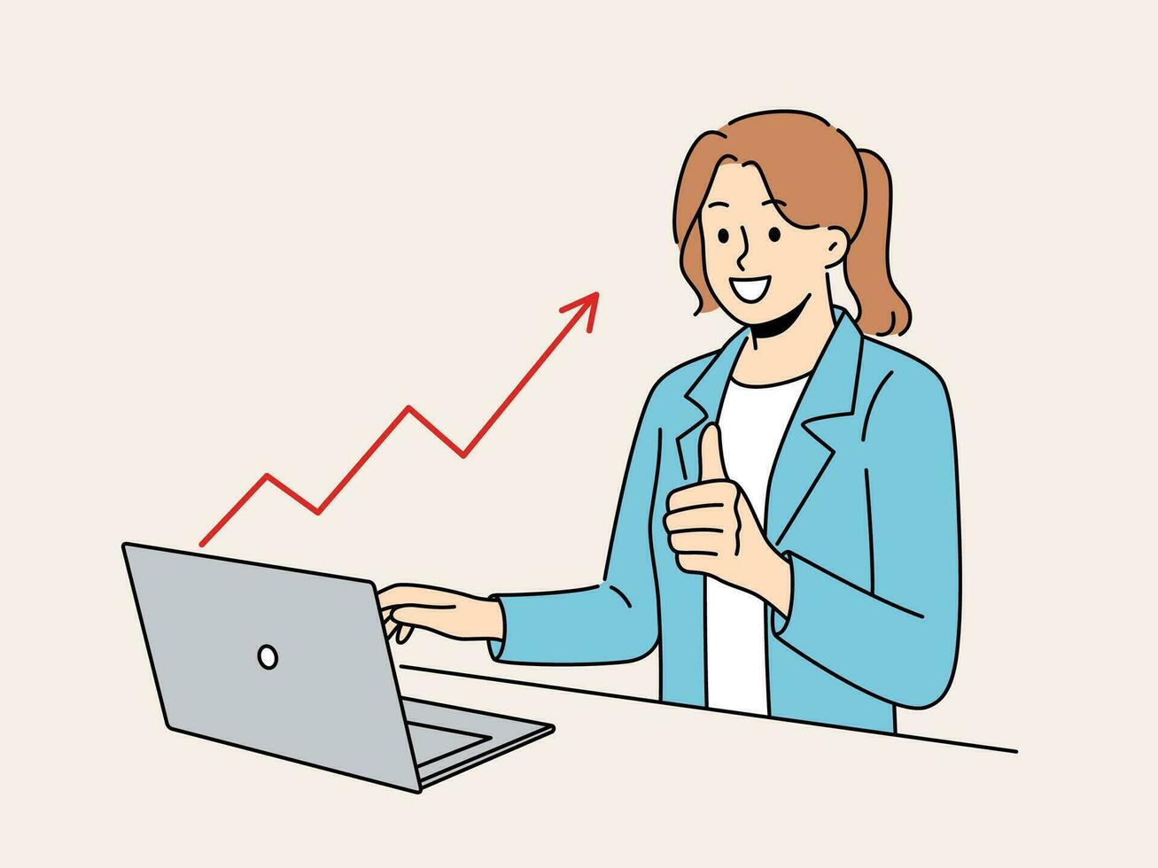 sonriente mujer de negocios trabajo en computadora celebrar financiero éxito en valores mercado. contento mujer con ordenador portátil emocionado con grafico o gráfico creciente. vector ilustración.