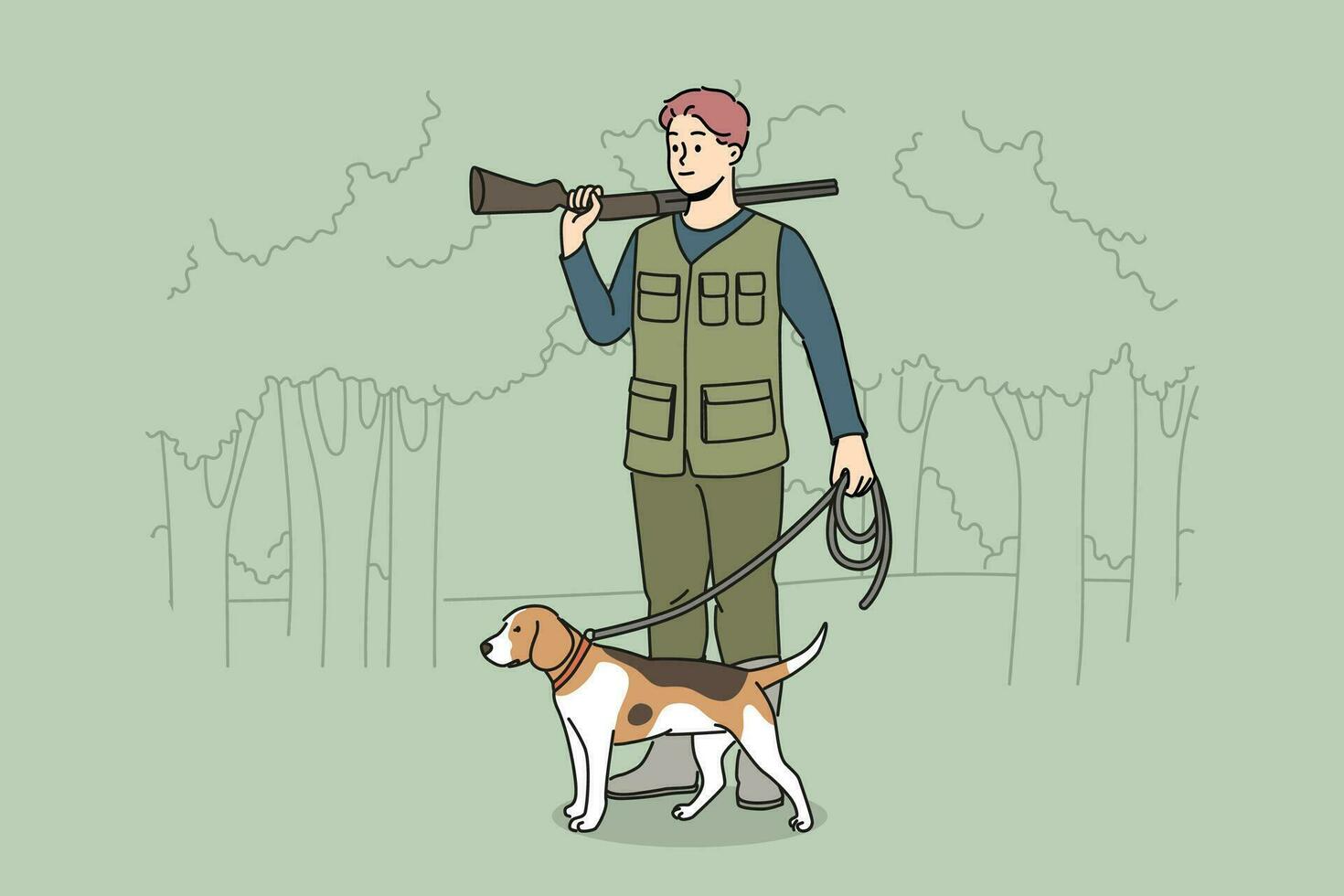 Male hunter in khaki uniform with dog on leash in forest. Man hunting with canine in wild nature. Vector illustration.