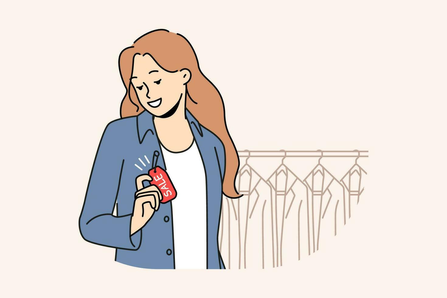 sonriente mujer vistiendo chaqueta con rebaja etiqueta en boutique. contento niña comprando ropa en descuento o promoción en almacenar. compras y estilo. vector ilustración.
