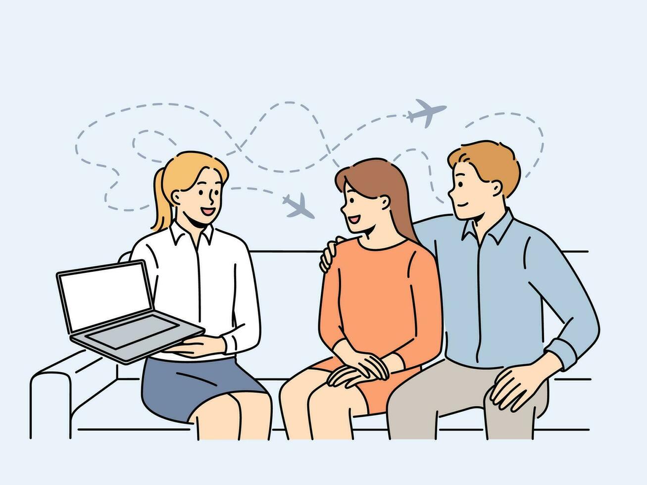 Smiling tour operator showing travel offer on laptop to excited couple clients. Happy agent recommend trip to customers in office. Tourism. Vector illustration.