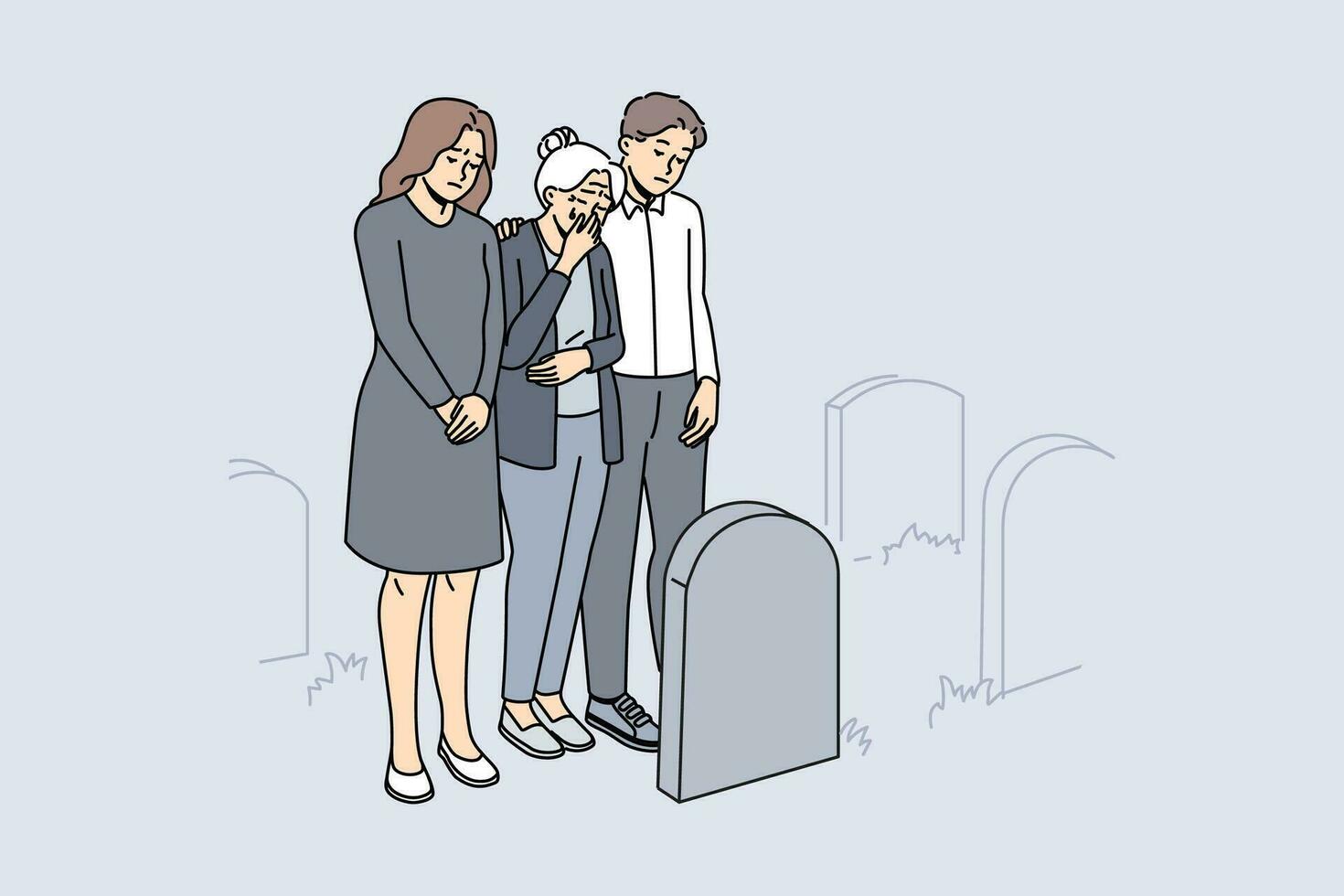 infeliz familia en negro ropa llorando a relativo tumba en cementerio. trastornado desesperado personas llorar añorar a tumba después fallecido persona. entierro. vector ilustración.