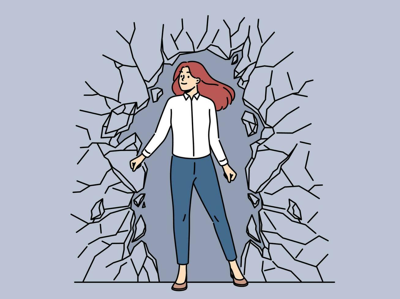 Confident businesswoman break stone wall reach business goal or aim. Successful happy female employee go through wall show strength and motivation. Vector illustration.