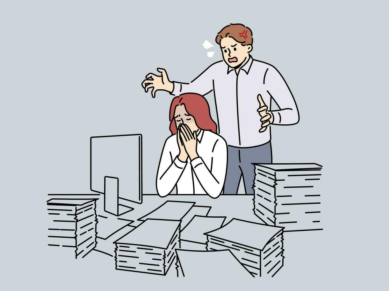 Angry boss scream at exhausted female employee overwhelmed with paperwork in office. Furious male employer yell at stressed worker at workplace. Vector illustration.