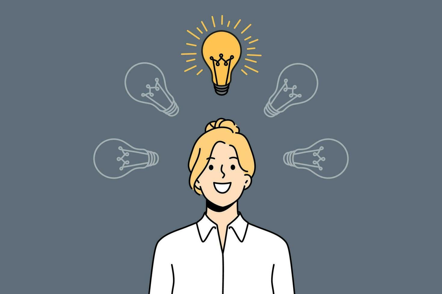 Smiling businesswoman with illuminated lightbulb above head excited with creative business idea. Happy female employee look at light bulb generate thought. Vector illustration.