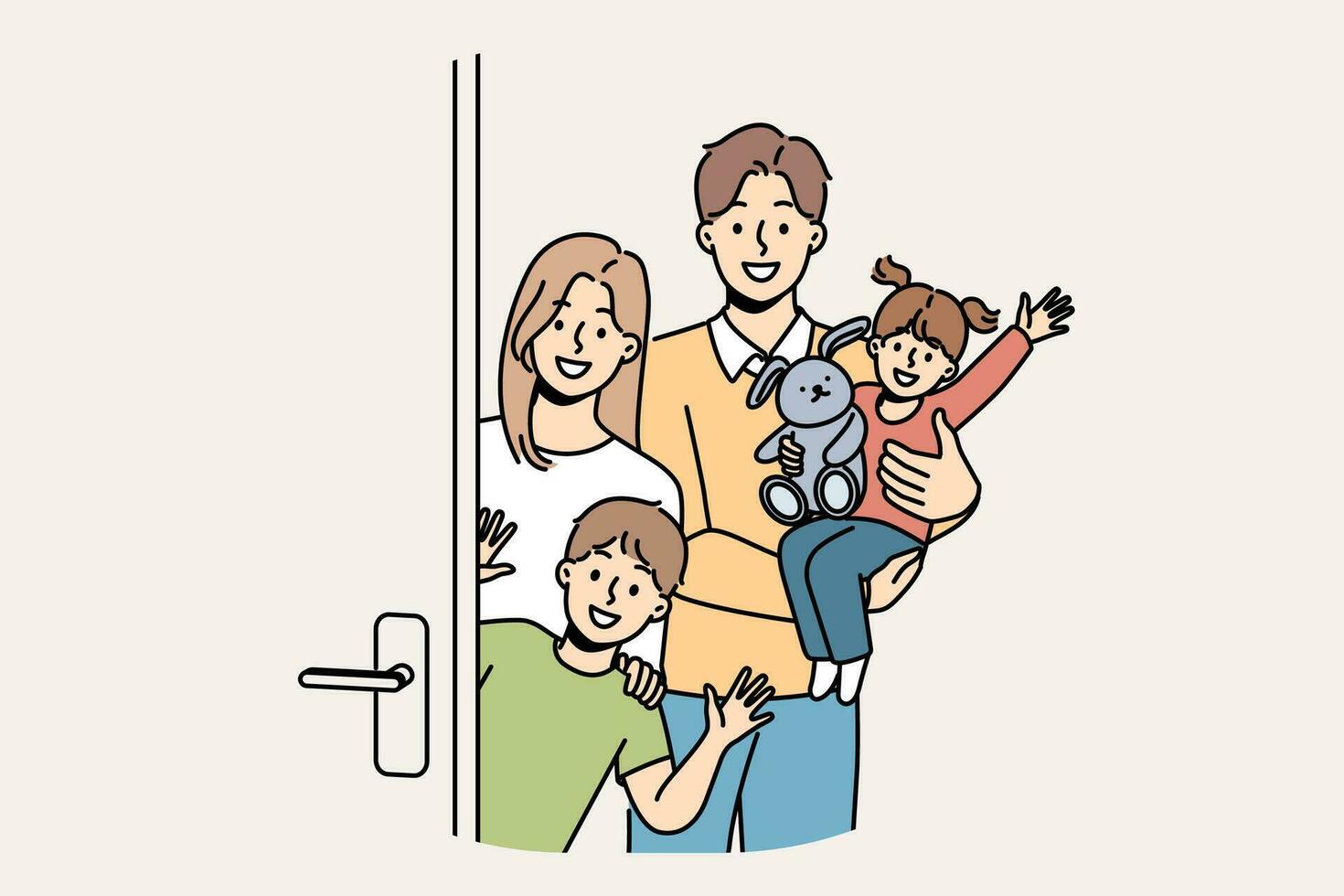 Family with children stands near door, inviting guests to banquet and waving hands in greeting. Young family with kids looks at screen in friendly way, posing on threshold of new apartment. vector