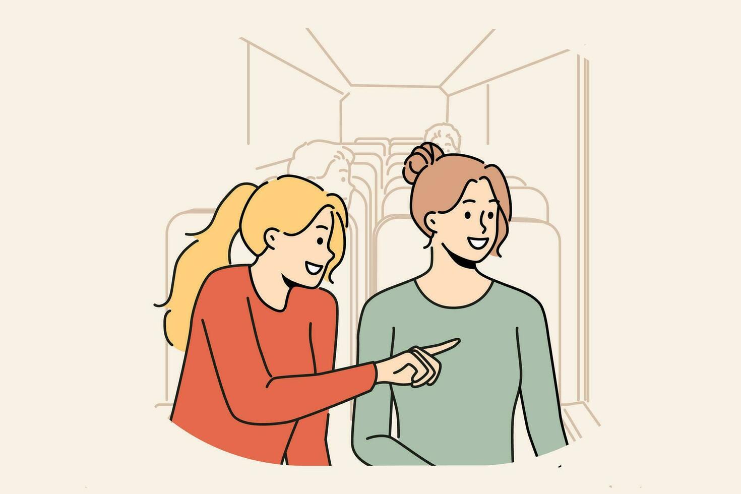 sonriente muchachas tener divertido montando en autobús. contento mujer disfrutar autobús paseo mirando en ventanas vector ilustración.