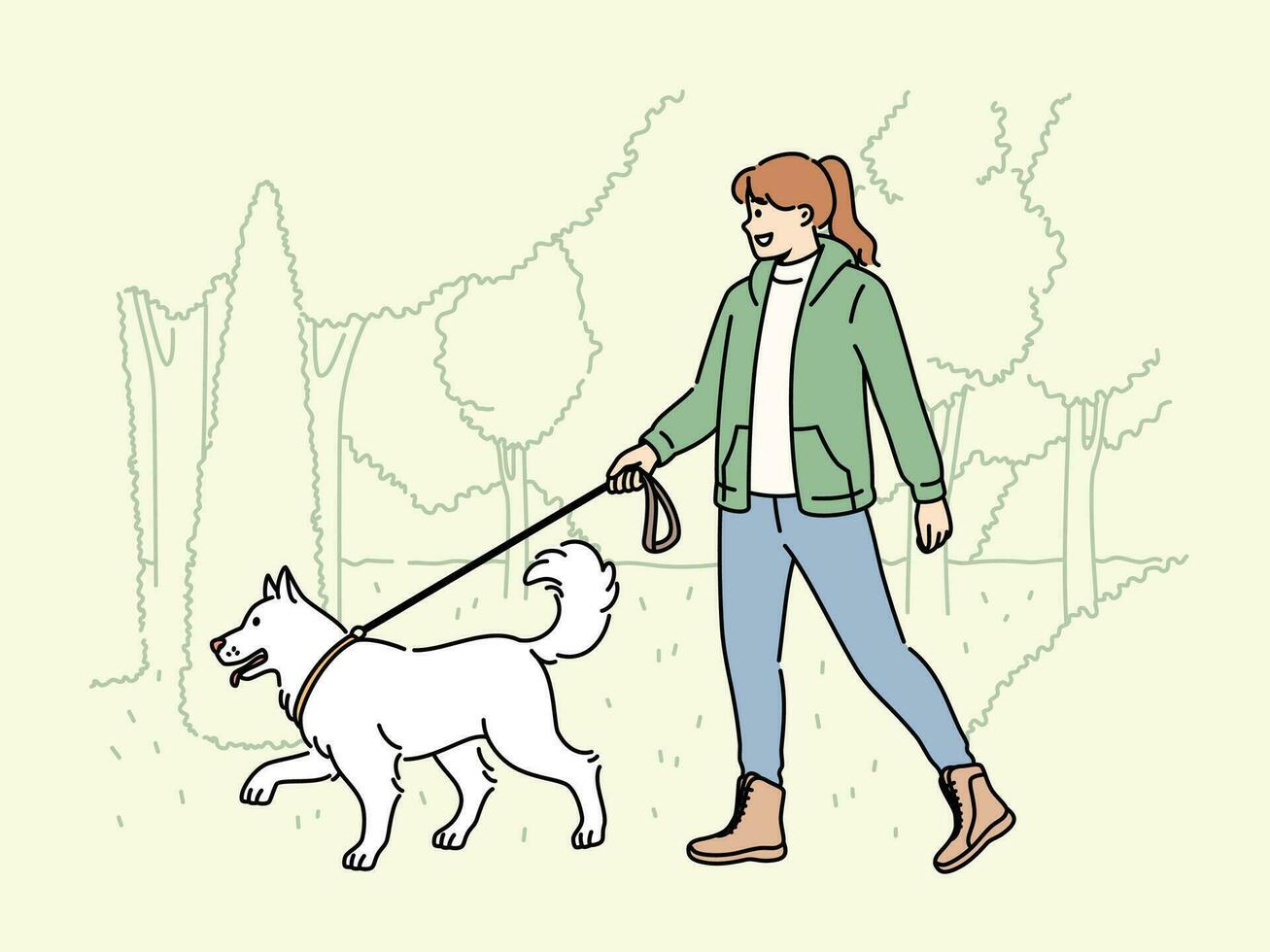 Smiling woman walking with dog on leash in park. Happy girl enjoy walk with puppy in nature. Pet ownership concept. Vector illustration.