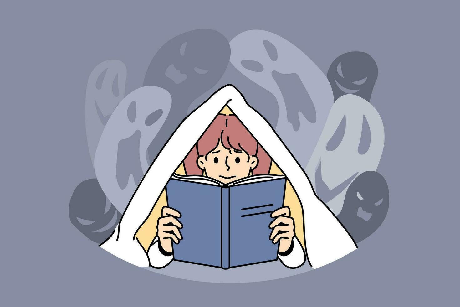 Scared little girl hive under blanket reading scary story. Terrified small child feel afraid with eerie horror book. Leisure and hobby. Vector illustration.