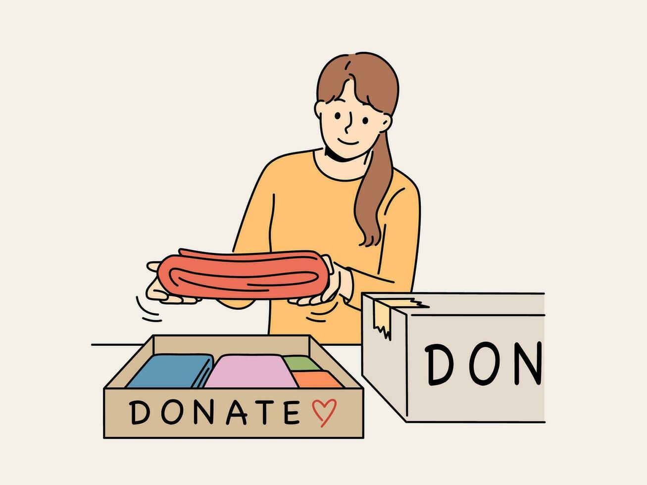 Smiling woman pack clothes in boxes to give for donation or charity. Kind happy girl donate apparel to needy poor people. Volunteering. Vector illustration.