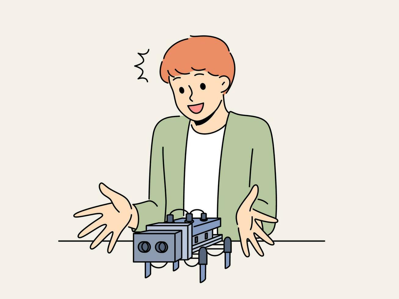 Smiling little boy creating robot. Happy small child sit at table designing robotic toy. Education and childhood. Vector illustration.