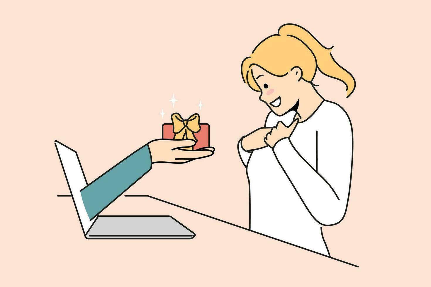 Smiling woman excited with hand stretching present from laptop. Happy female overjoyed and surprised with online bonus. Vector illustration.