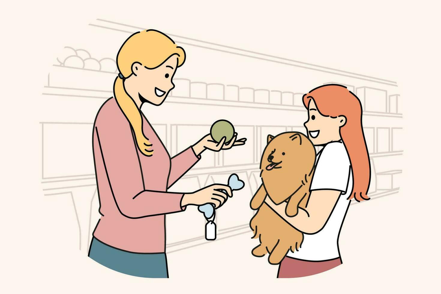Girl with dog stands in ZOO shop near woman seller offering to buy toy bone for pet. Happy mom and little daughter choose rubber ball for their dog together after adopting puppy from shelter vector