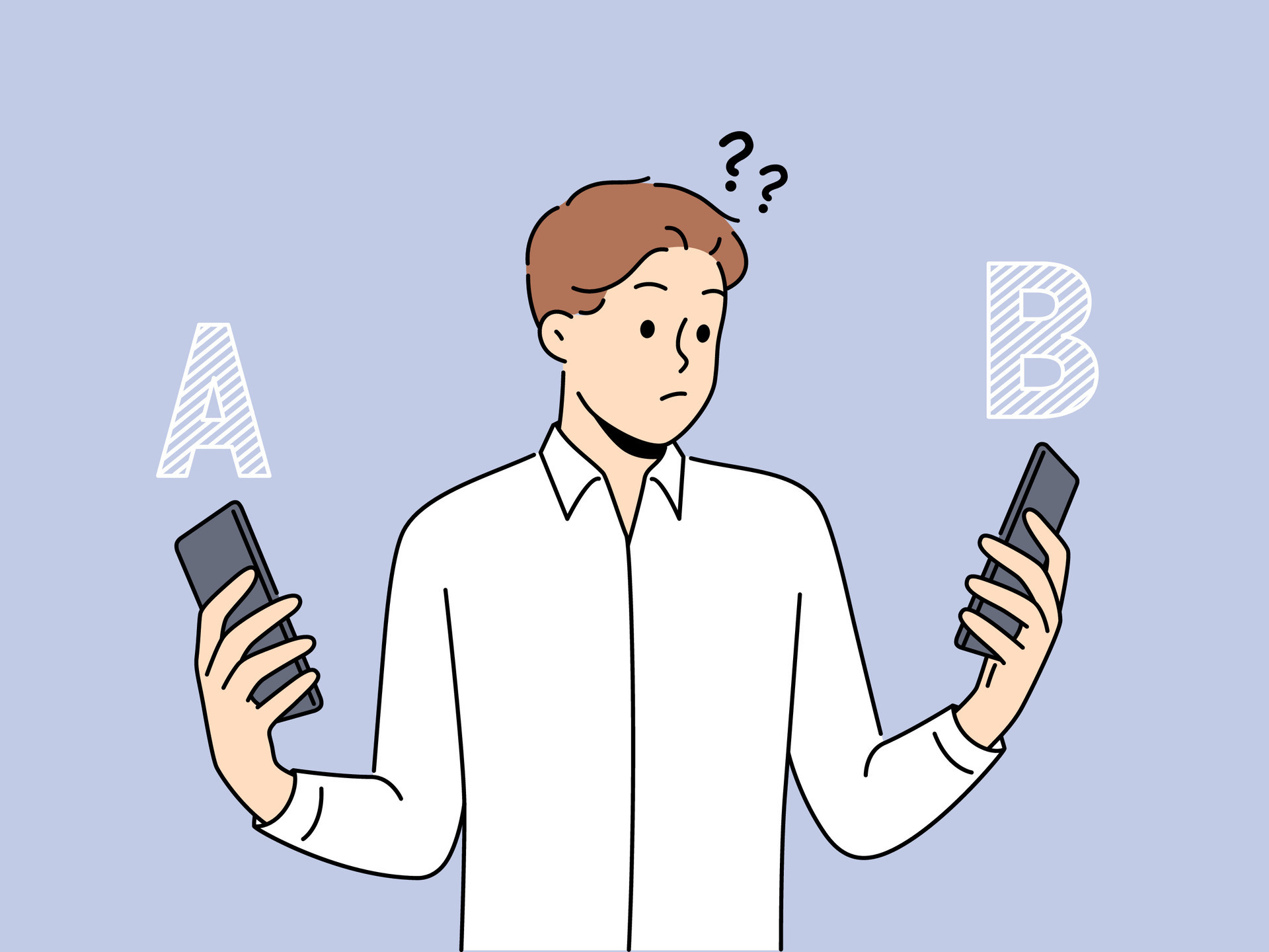 Confused man choose between different cellphones models. Frustrated
