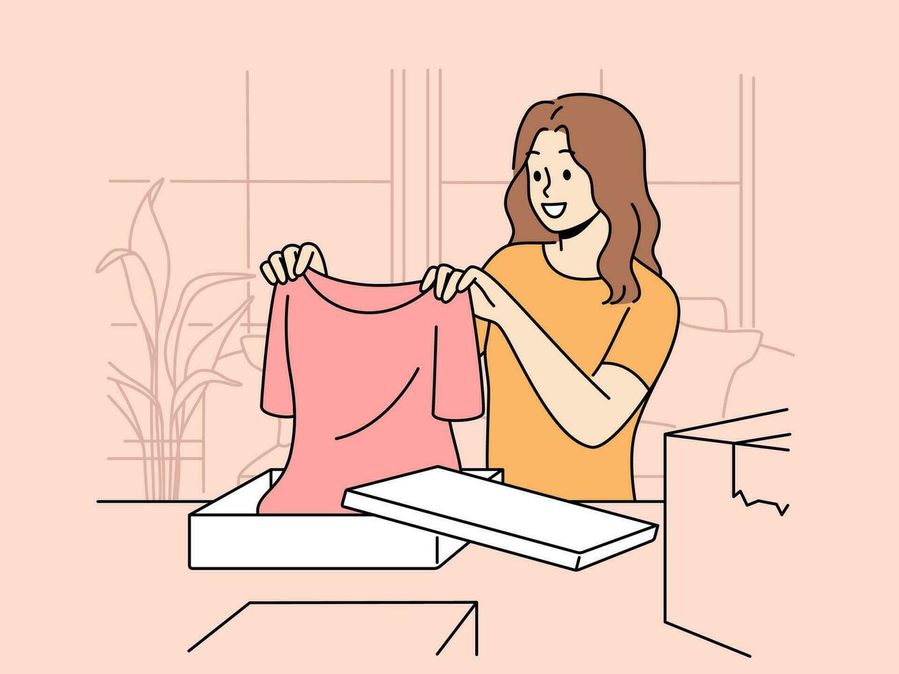 sonriente mujer apertura parcelas con ropa compras en línea desde hogar. emocionado hembra comprador deshacer cajas con pedidos desde Internet tiendas vector ilustración.