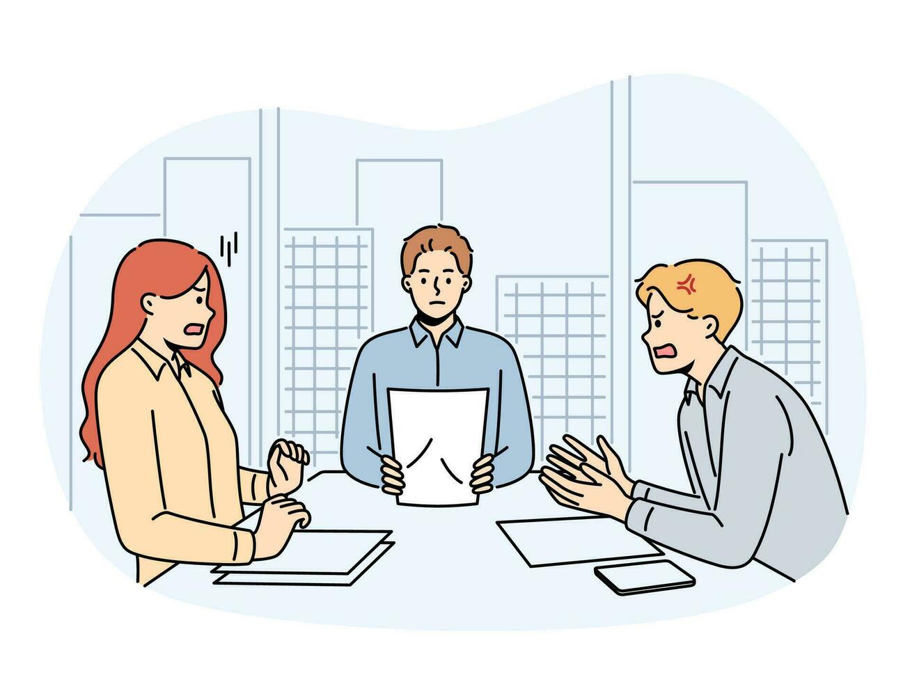 Angry couple sit at table in lawyer office arguing and shouting. Man and woman fight at meeting at notary workplace. Divorce and relationships. Vector illustration.
