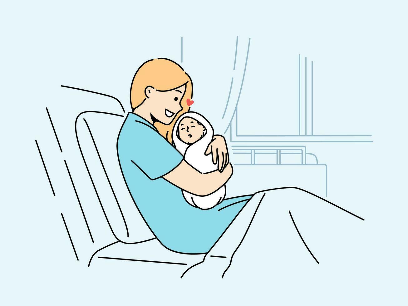 Happy woman sit in hospital bed cuddling newborn baby. Smiling mother after childbirth with cute innocent child in clinic. Motherhood. Vector illustration.