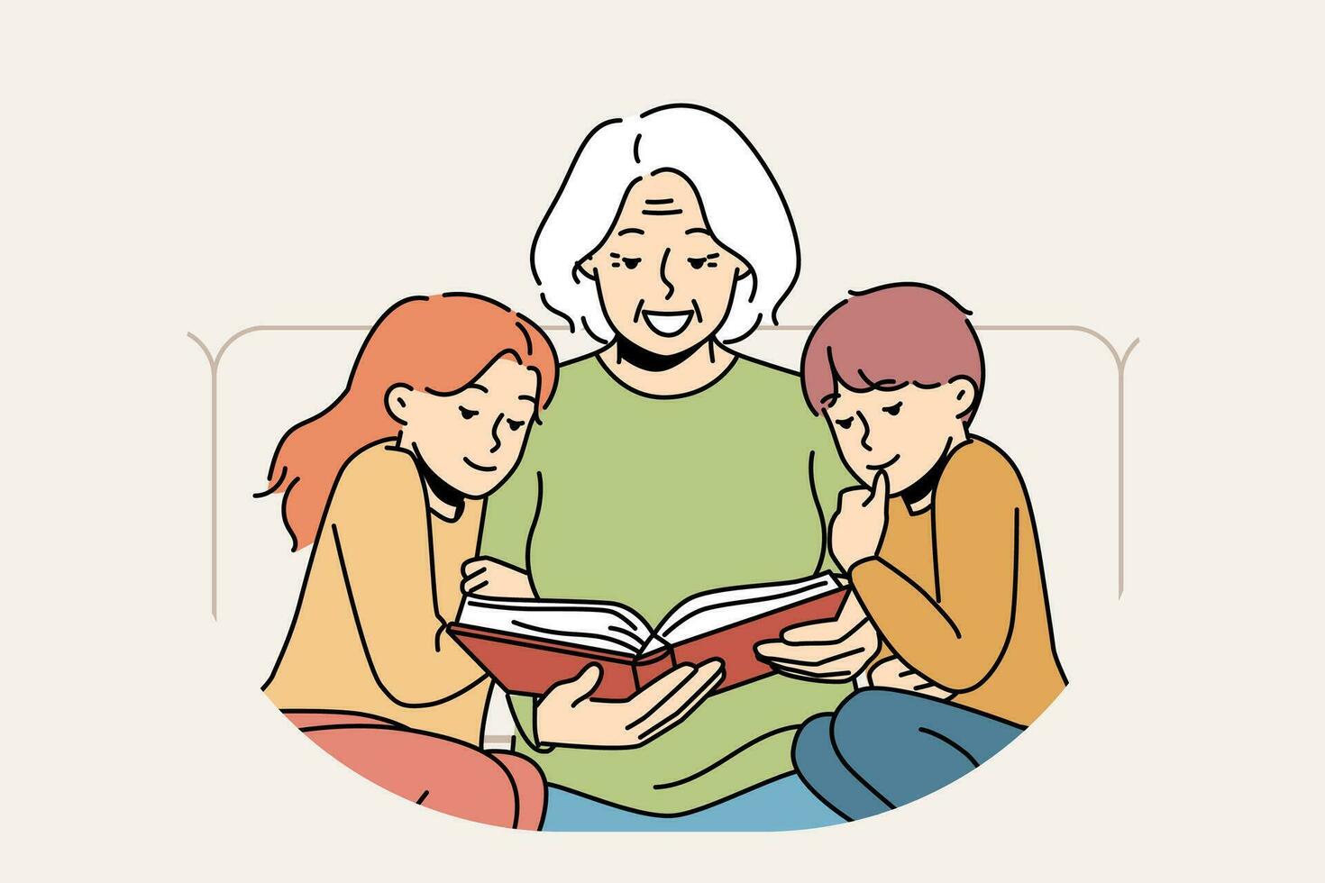 Caring smiling grandmother reading book to little grandchildren. Happy granny enjoy time with literature with small grandkids. Vector illustration.