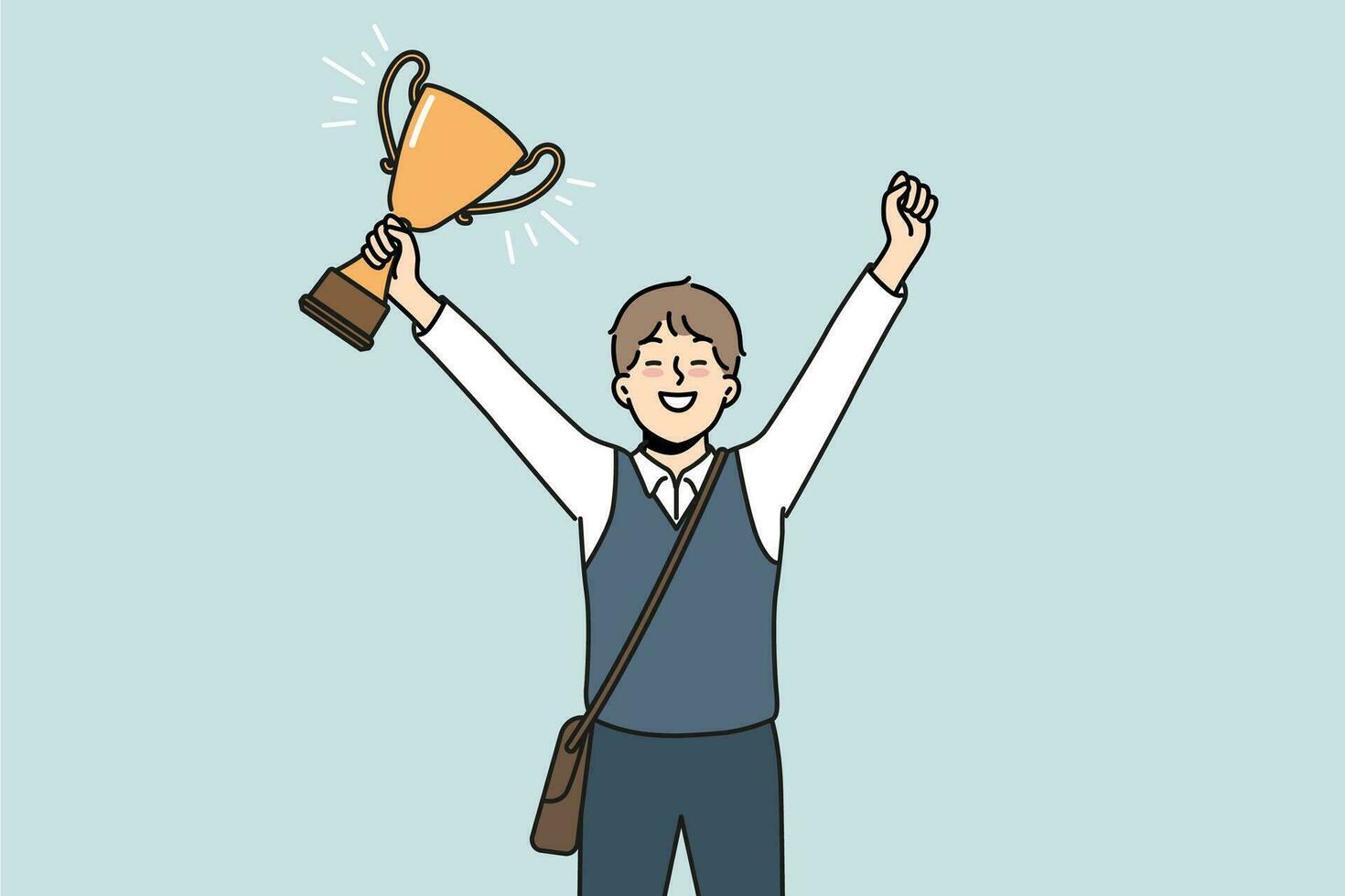 Schoolboy with golden cup rejoices at award received for winning school mathematics olympiad. Schoolboy with trophy makes winning gesture demonstrating leadership qualities while receiving education vector