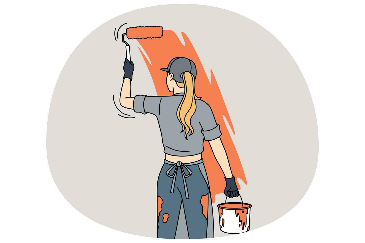 mujer pintura habitación pared con rodillo vector