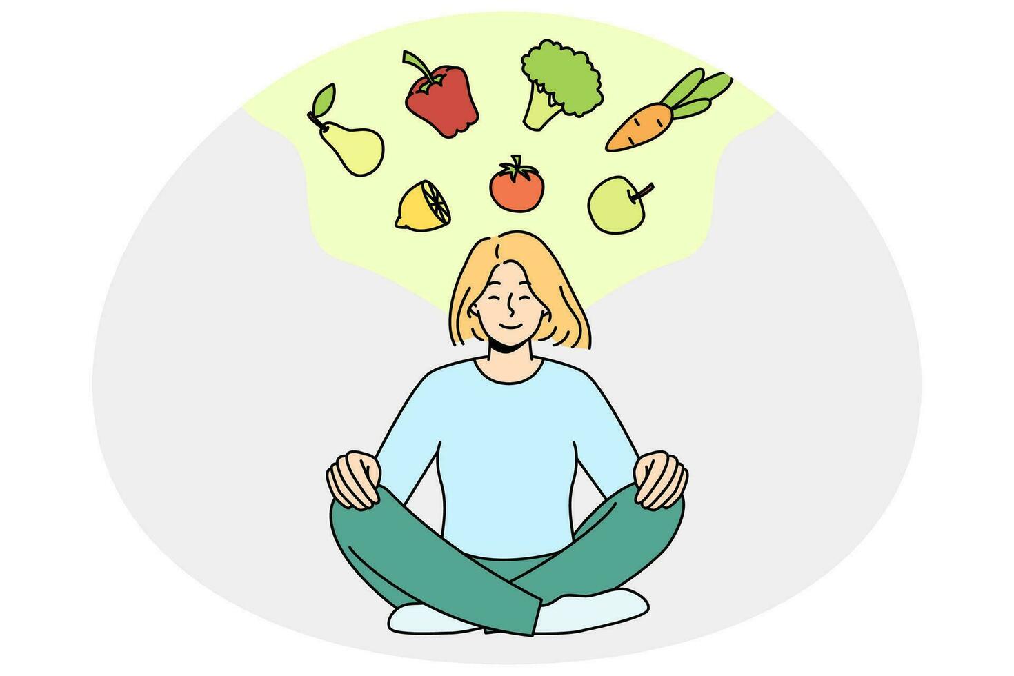 Woman meditate think of healthy eating vector