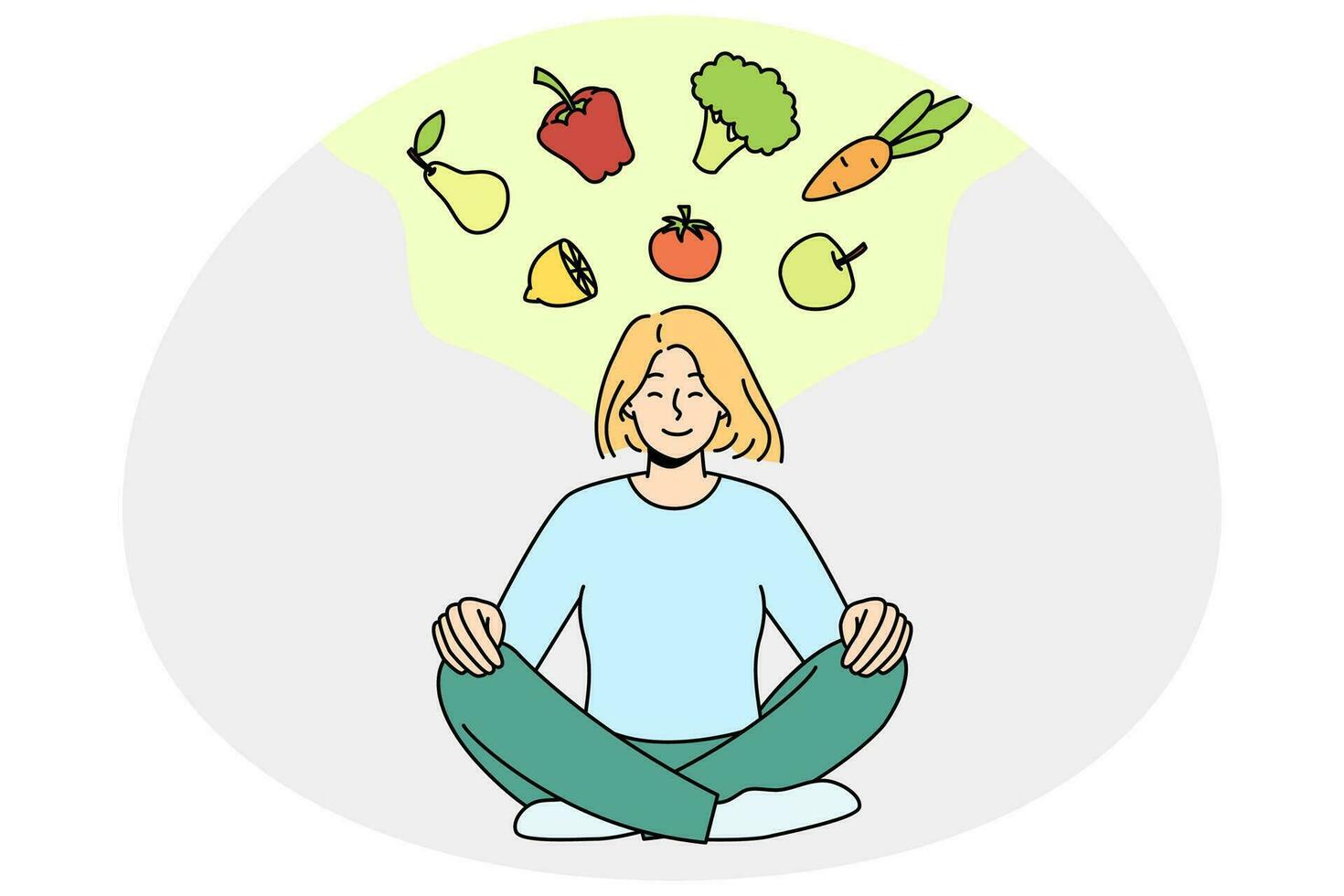 mujer meditar pensar de sano comiendo vector