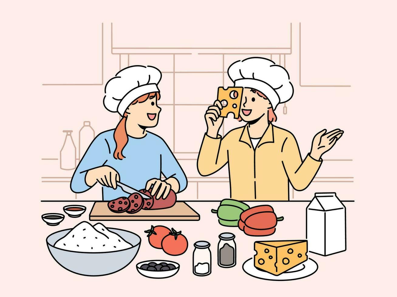 Smiling kids cooking together at home kitchen. Happy little children have fun preparing food cutting vegetables. Hobby and culinary. Vector illustration.