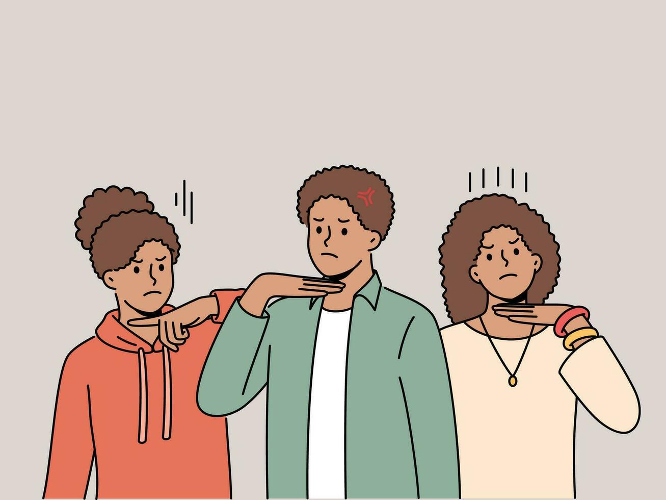 African american people make gesture of knife at throat in protest against discrimination and racism in society. Ethnic teenagers demonstrate indignation at discrimination for national minorities vector