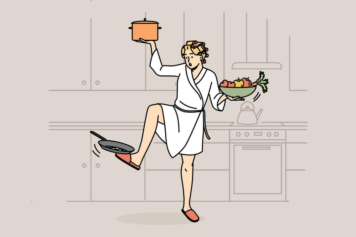 Woman in bathrobe multitask at home with household activities. Housewife busy with chores in kitchen. Vector illustration.