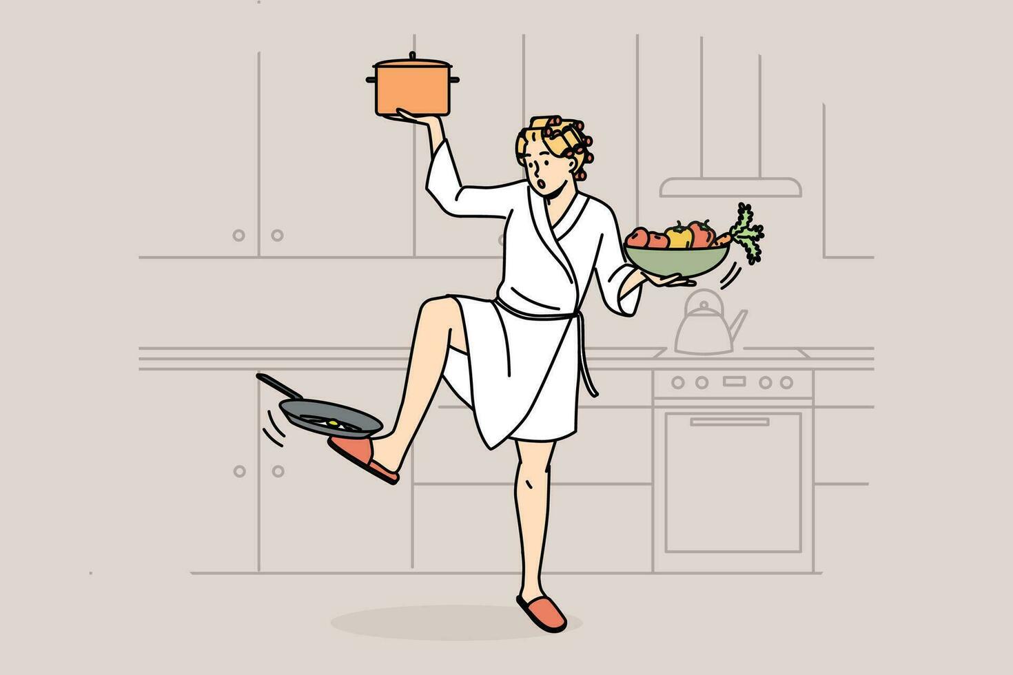 mujer en bata de baño Tarea múltiple a hogar con casa actividades. ama de casa ocupado con quehaceres en cocina. vector ilustración.