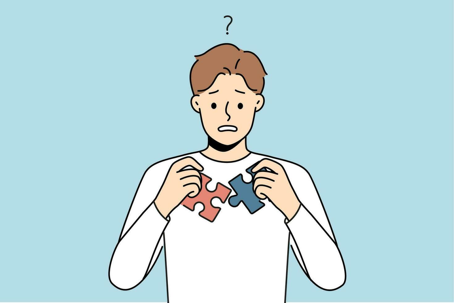 Confused man unable to join puzzle pieces. Frustrated guy brainstorm think about jigsaw connection. Problem solution and dilemma. Vector illustration.