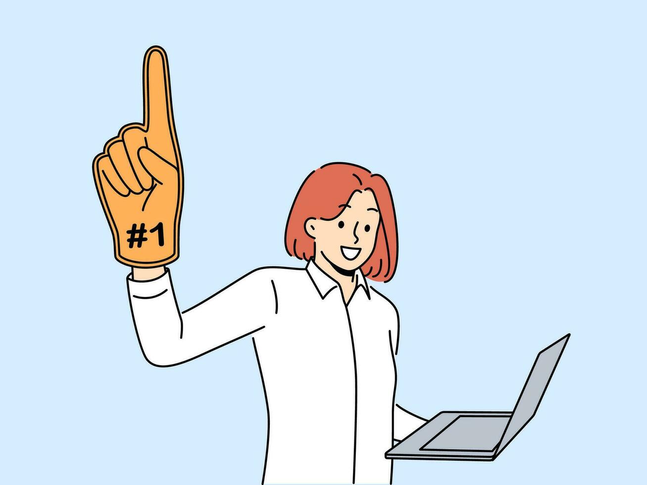 Woman leader with laptop and giant champion hand symbolizing success in internet career. Ambitious girl wants to become leader by working as freelancer through computer or creating online startup. vector