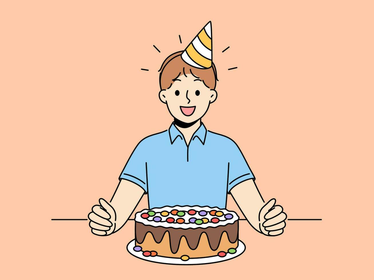 Overjoyed boy child sit at table with birthday hat on head and chocolate cake for special occasion. Smiling kid celebrate anniversary with sweet dessert. Vector illustration.