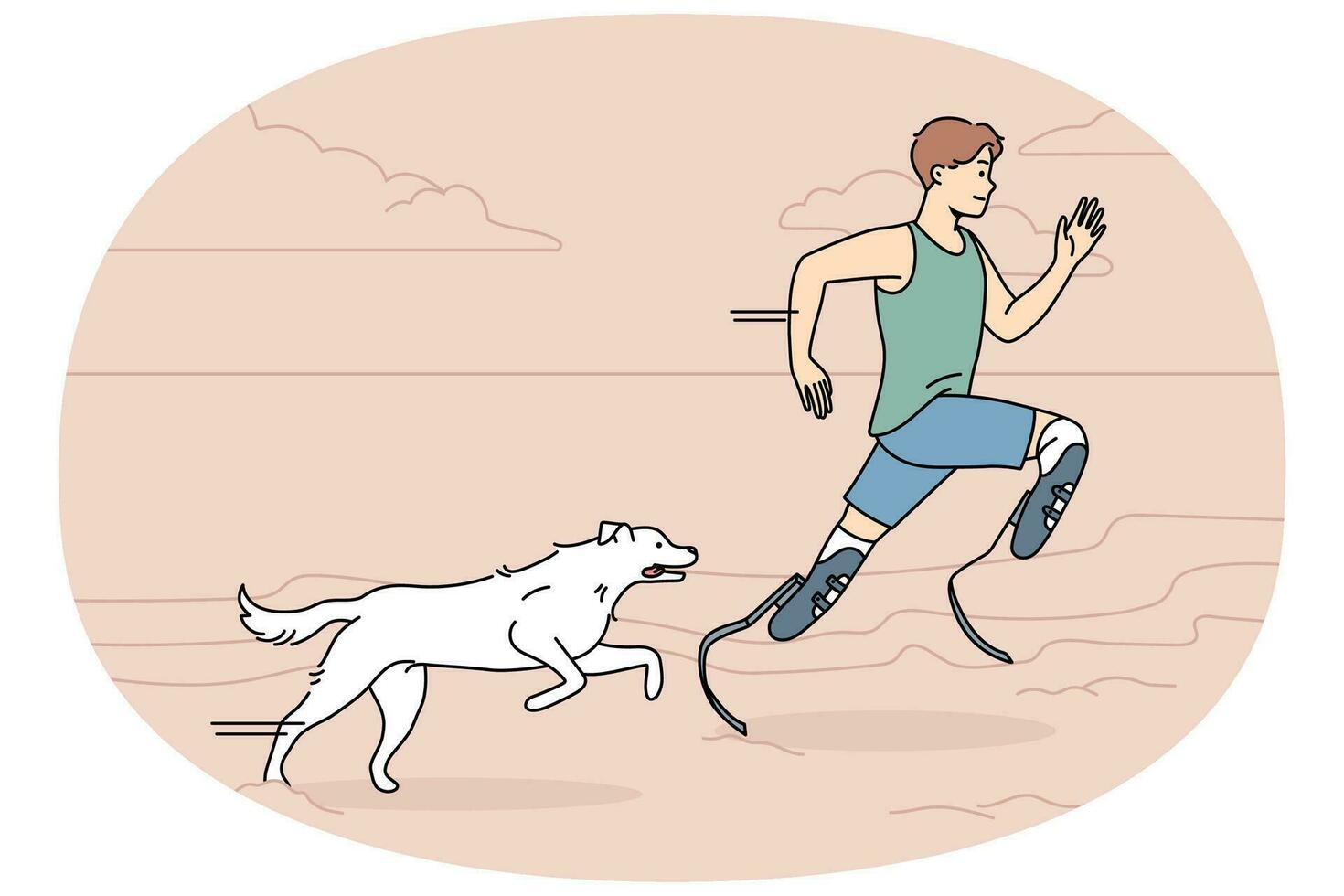 Athlete with prosthetic legs running with dog vector