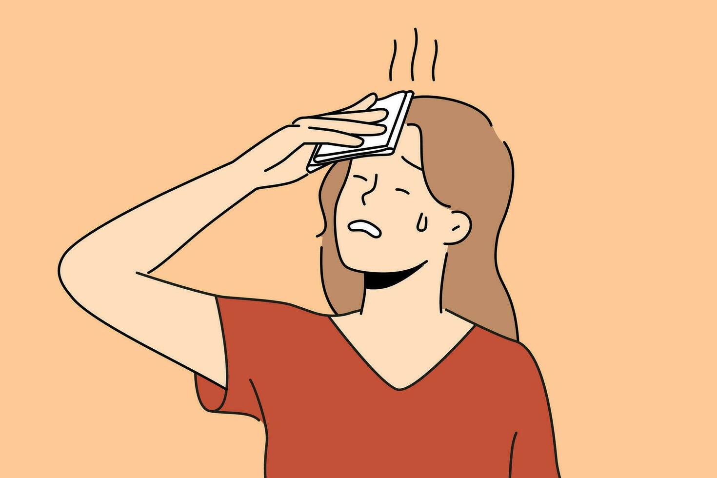 Unhealthy woman feel overheated suffer from hot weather on summer street. Unwell female struggle with heatstroke and dizziness. Vector illustration.