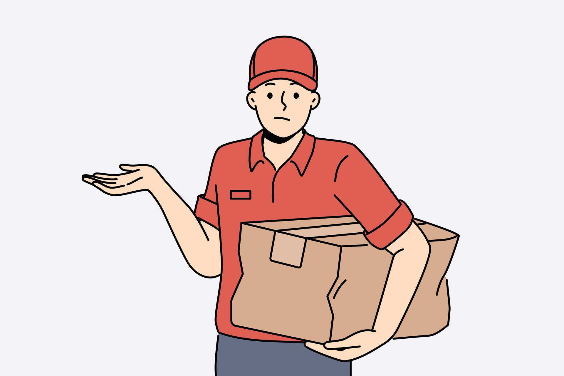 Distressed deliveryman with damaged cardboard box in hands. Unhappy