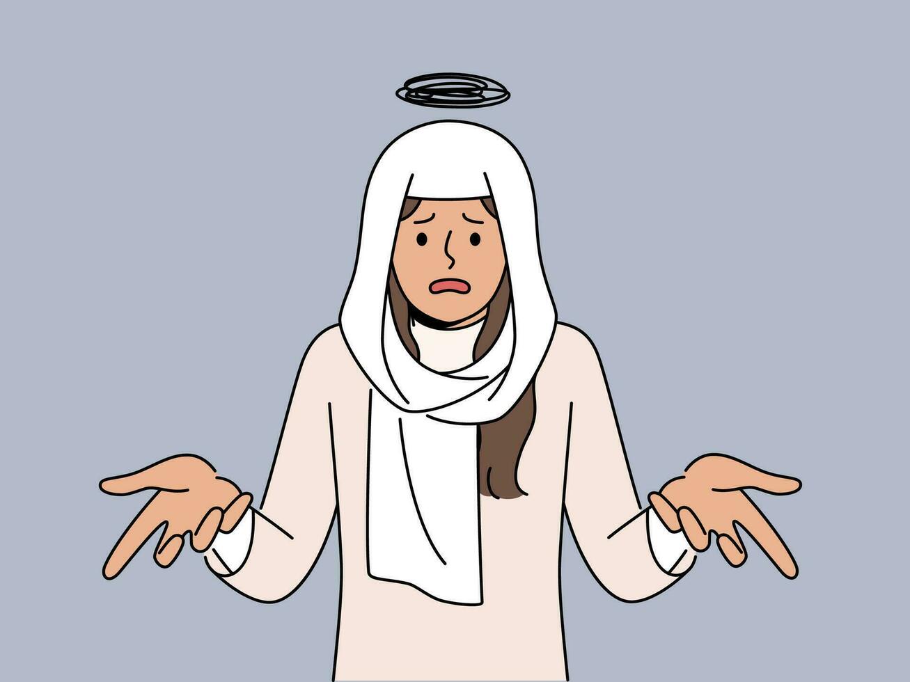 Portrait of confused muslim woman in hijab feeling emotional and frustrated with problem. Unhappy Arabic female in traditional headscarf feeling troubled. Vector illustration.