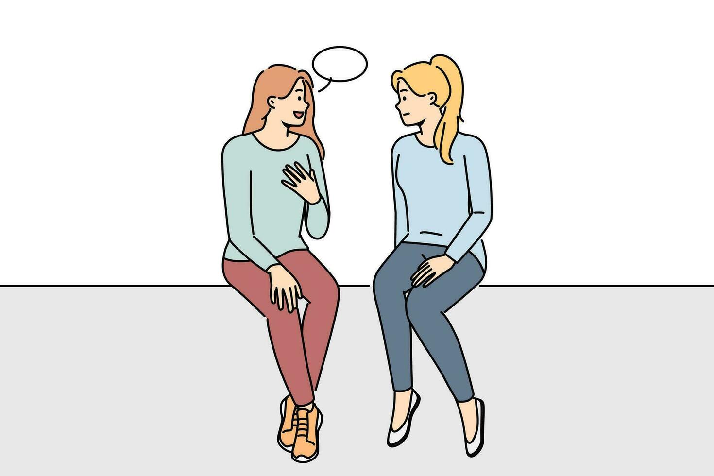 Happy girls sitting talking with speech bubble above head. Smiling women have conversation engaged in interesting discussion. Communication. Vector illustration.