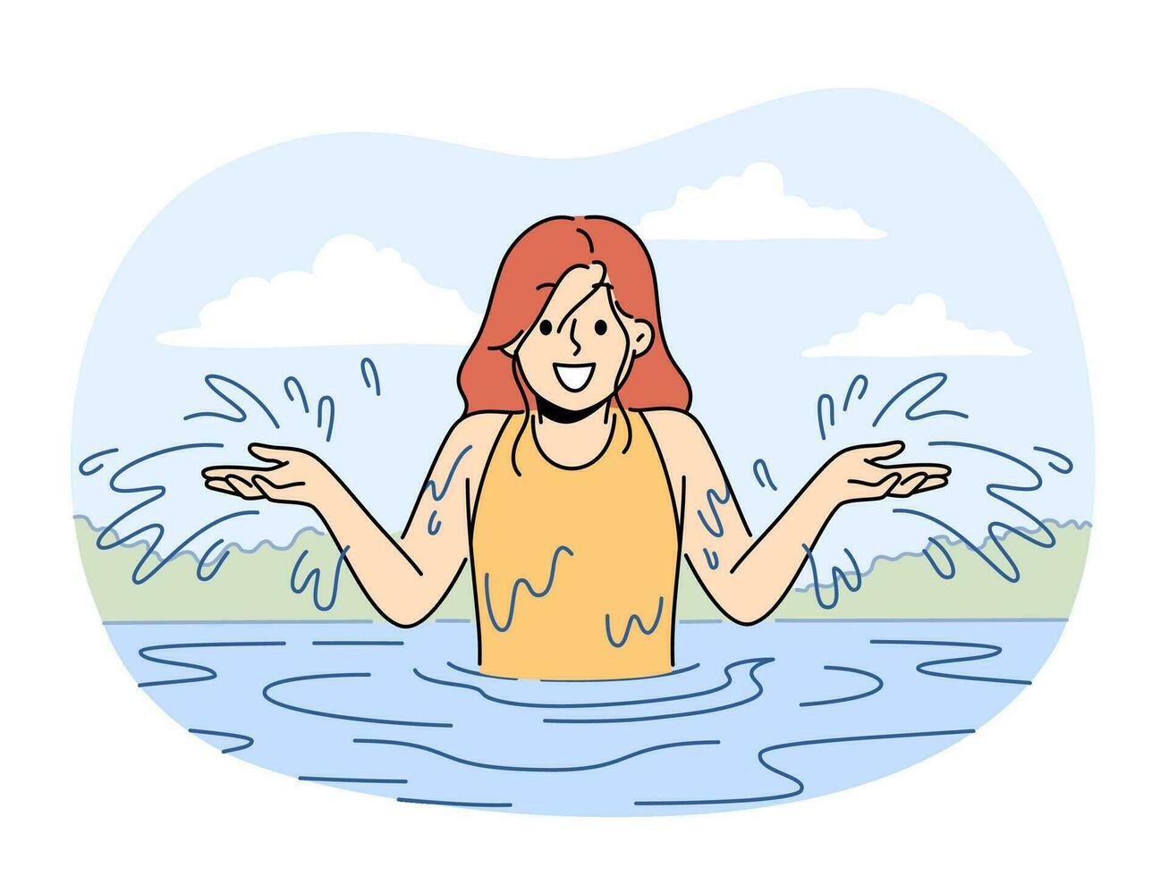 sonriente niña tener divertido salpicaduras en agua en verano. contento niño navegación jugando en río en Hora de verano. infancia. vector ilustración.