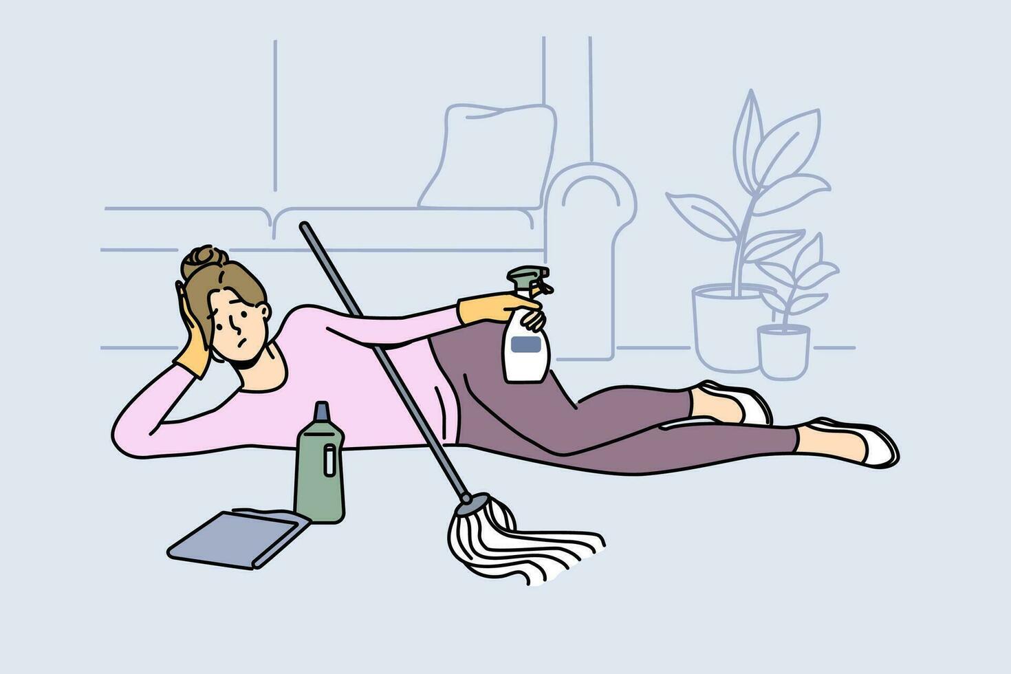 Tired housewife lying on home floor exhausted with cleaning and washing. Lazy woman relax on carpet procrastinate during clean day. Chores and household. Vector illustration.