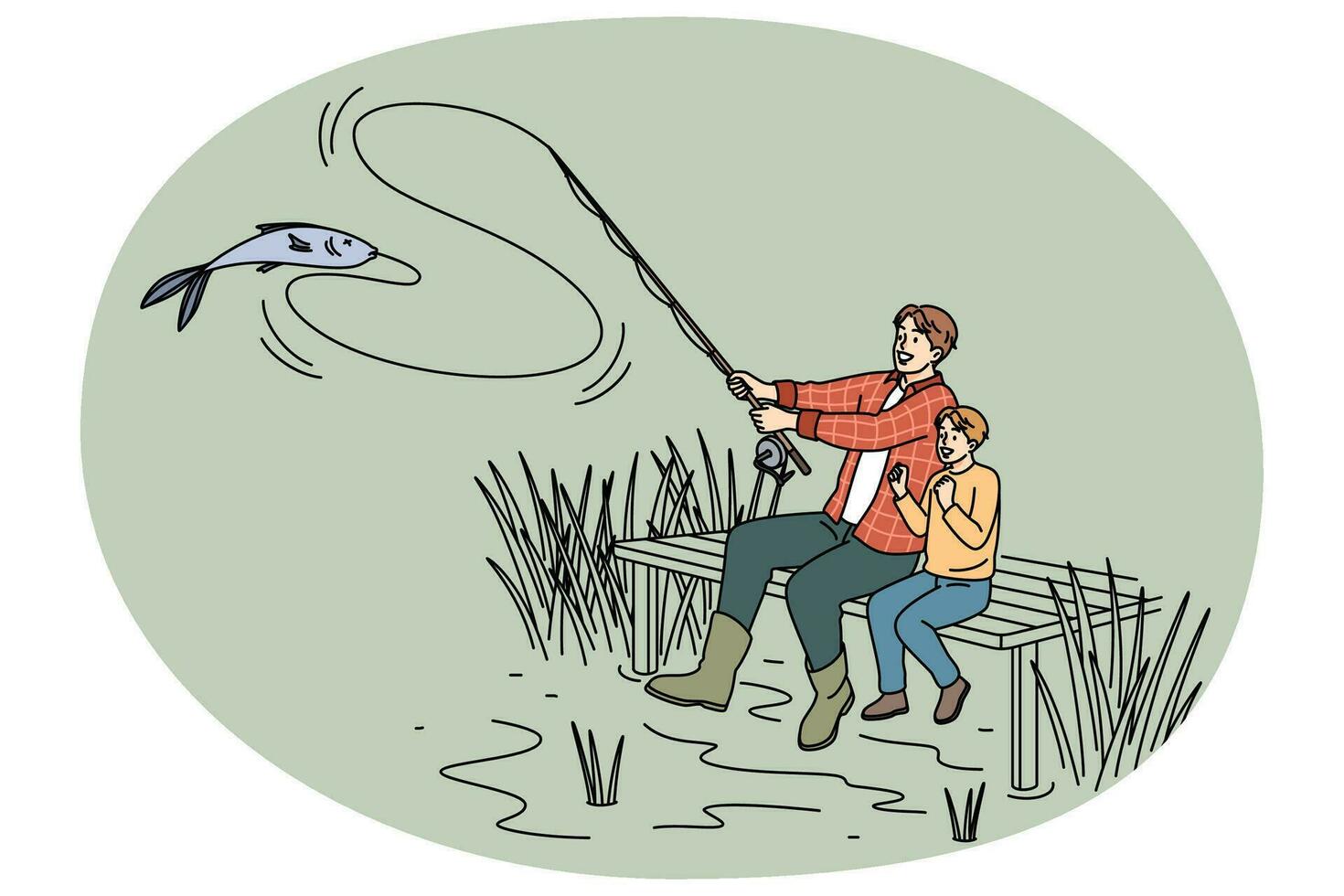Happy father and son fishing together vector