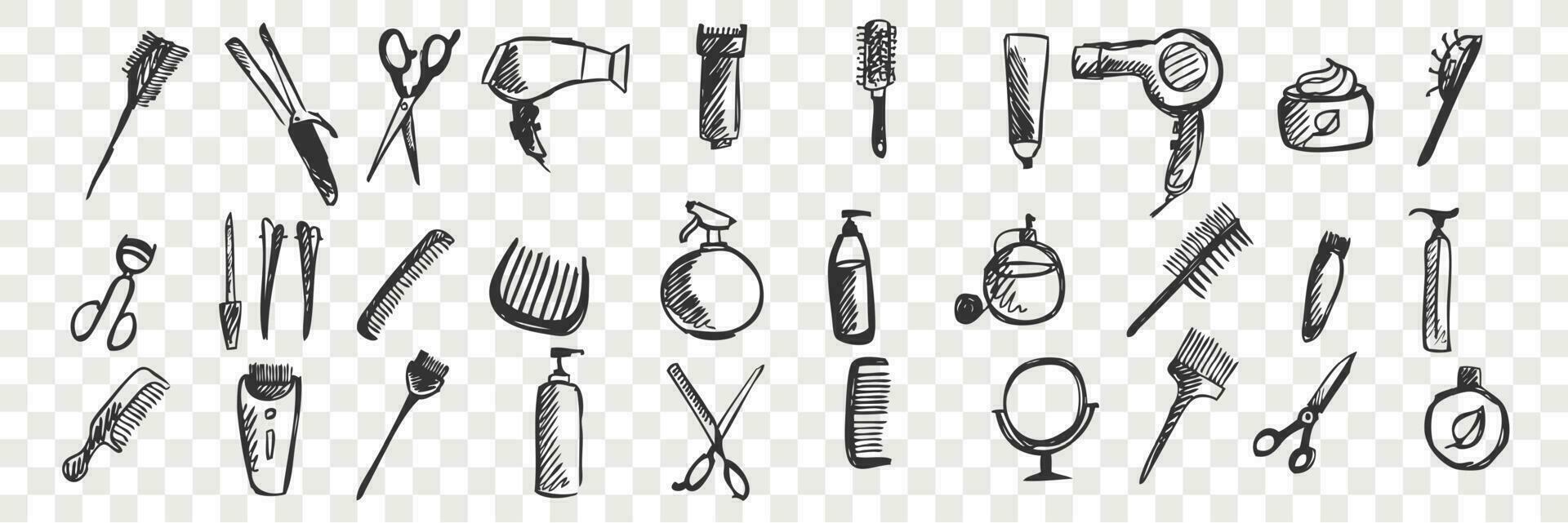 Hand drawn toiletry doodle set. Collection of pen ink pencil drawing sketches of creams hairdryer mirror comb scissors isolated on transparent background. Illustration of bathroom tools for hygiene vector