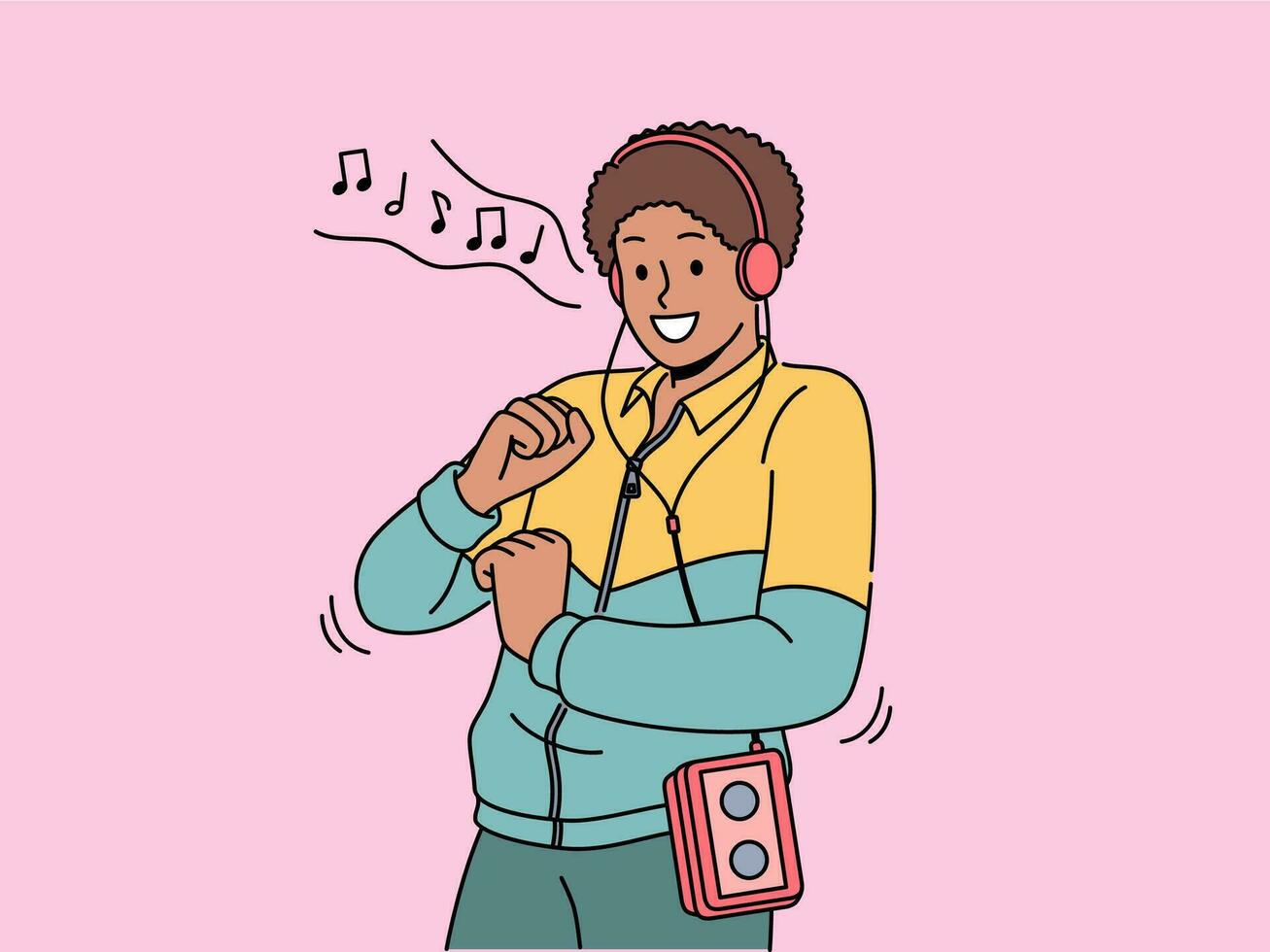 African American man in retro clothes with cassette player on belt listens to music in old-fashioned headphones. Ethnic hippie guy from 90s dances to reggae music playing in tape recorder vector