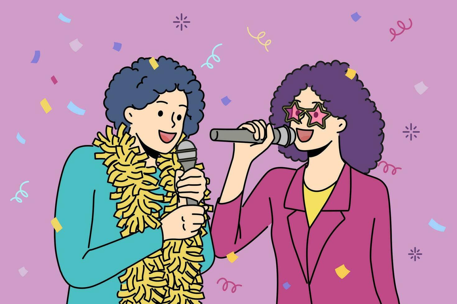 Smiling people in retro costumes sing in microphones enjoy party or celebration. Happy friends have fun in karaoke on new year night. Vector illustration.