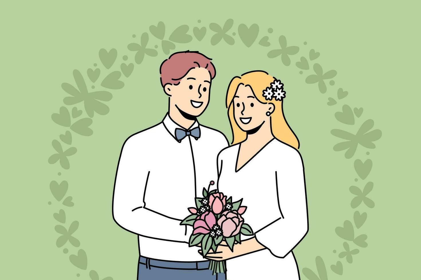 Smiling bride and groom standing near wedding floral arch during ceremony. Happy couple enjoy marriage celebration. Vector illustration.