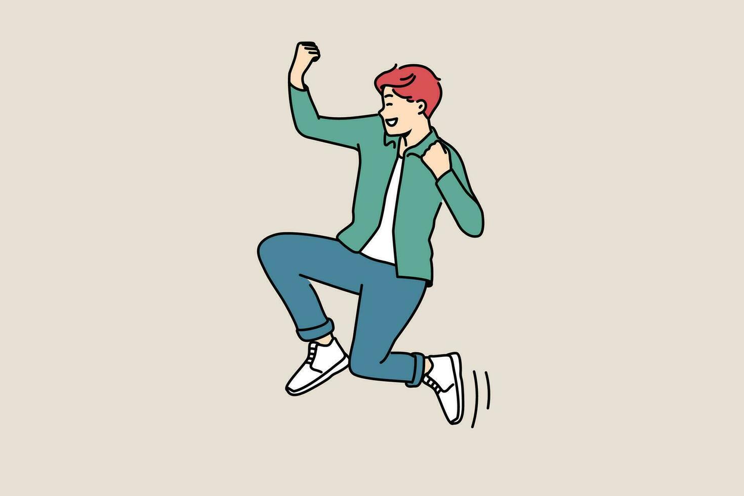 Overjoyed man jumping in air celebrating success or triumph. Smiling guy feel excited and euphoric succeed in achievement or accomplishment. Vector illustration.