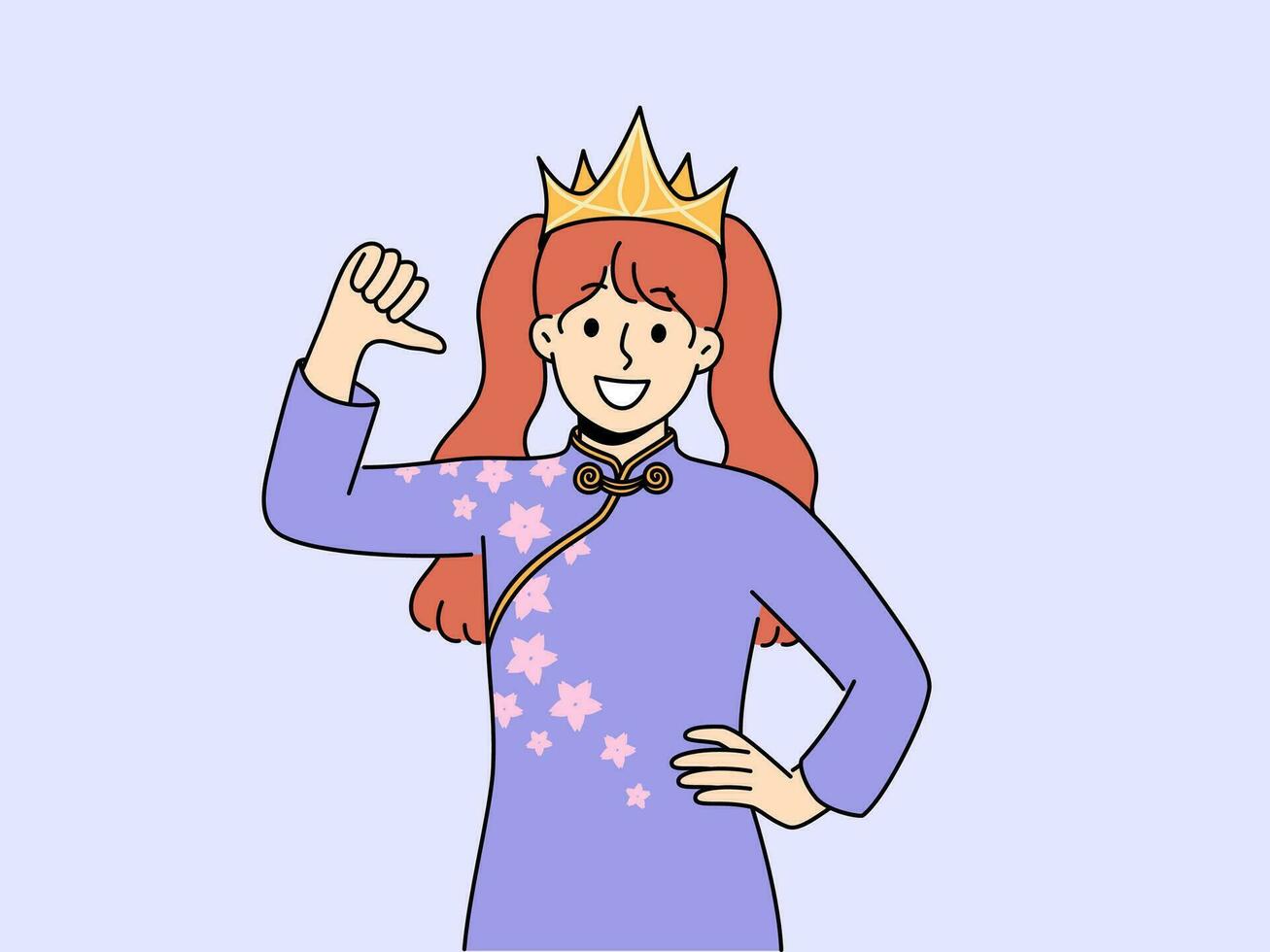 Smiling girl in crown on head point at herself feeling confident and successful. Happy child in traditional costume win competition or contest. Vector illustration.