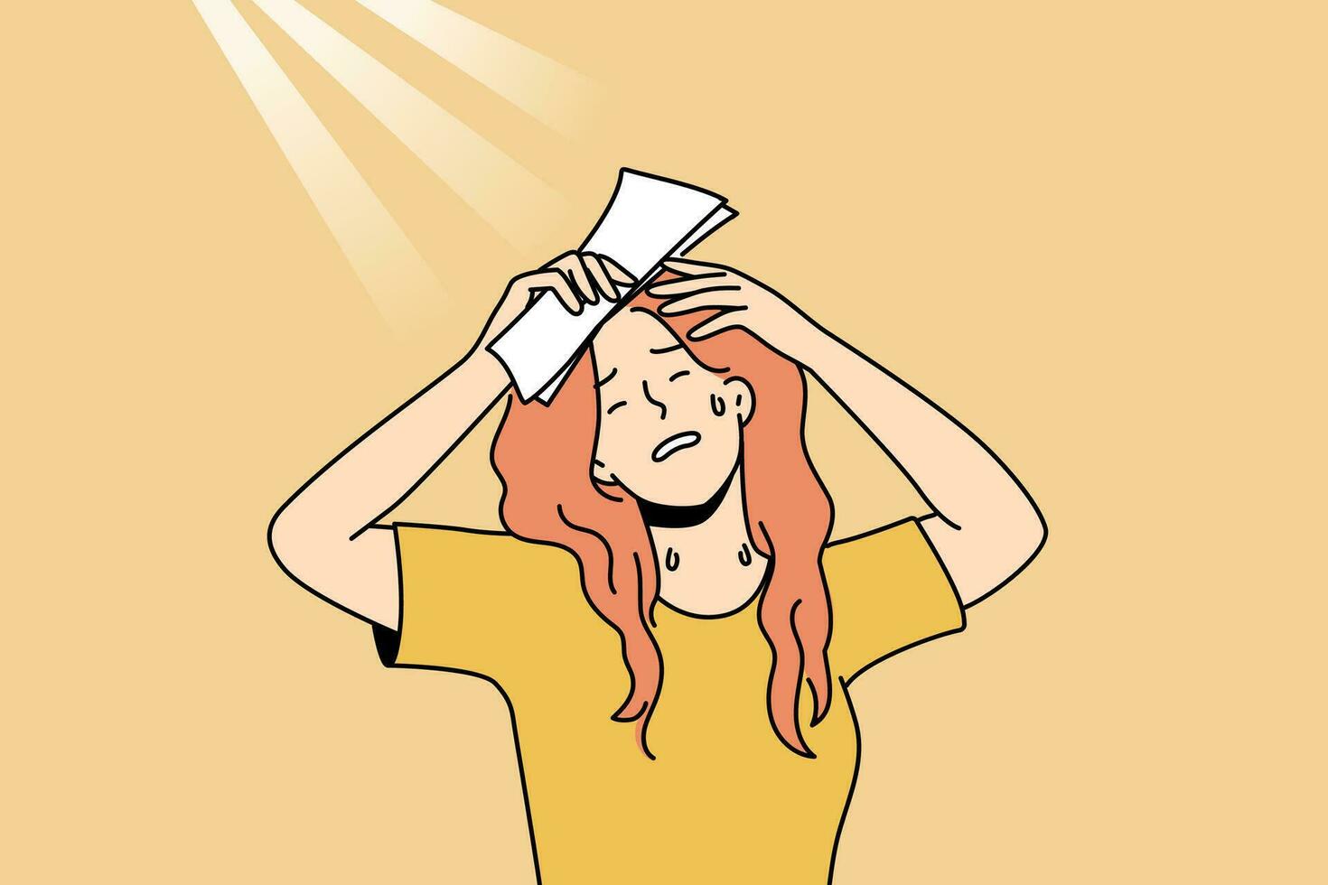 Unhealthy woman suffer from heatstroke on summer street. Unwell girl struggle with sweat during summertime. Vector illustration.