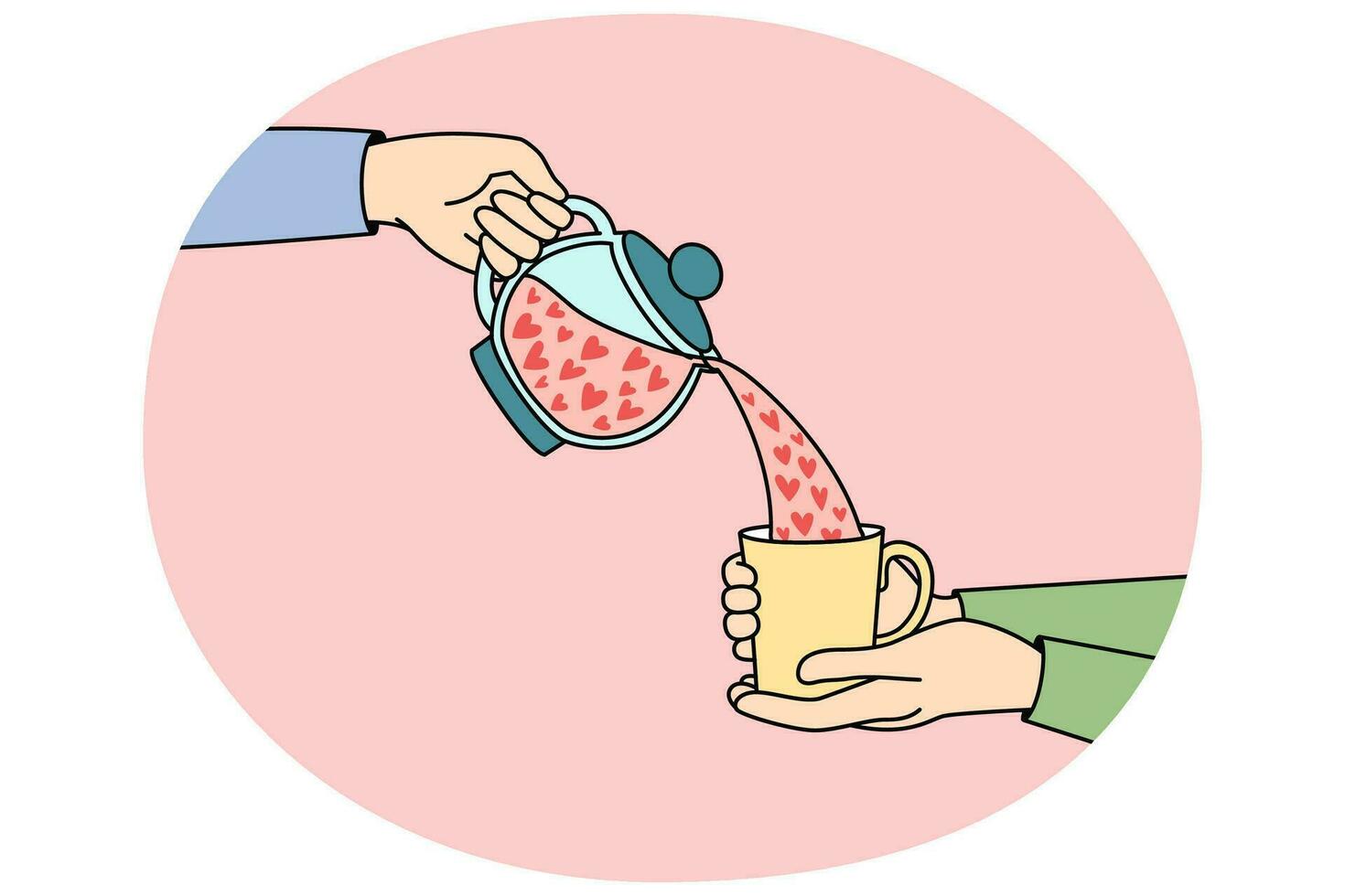 Pouring tea with hearts from kettle vector