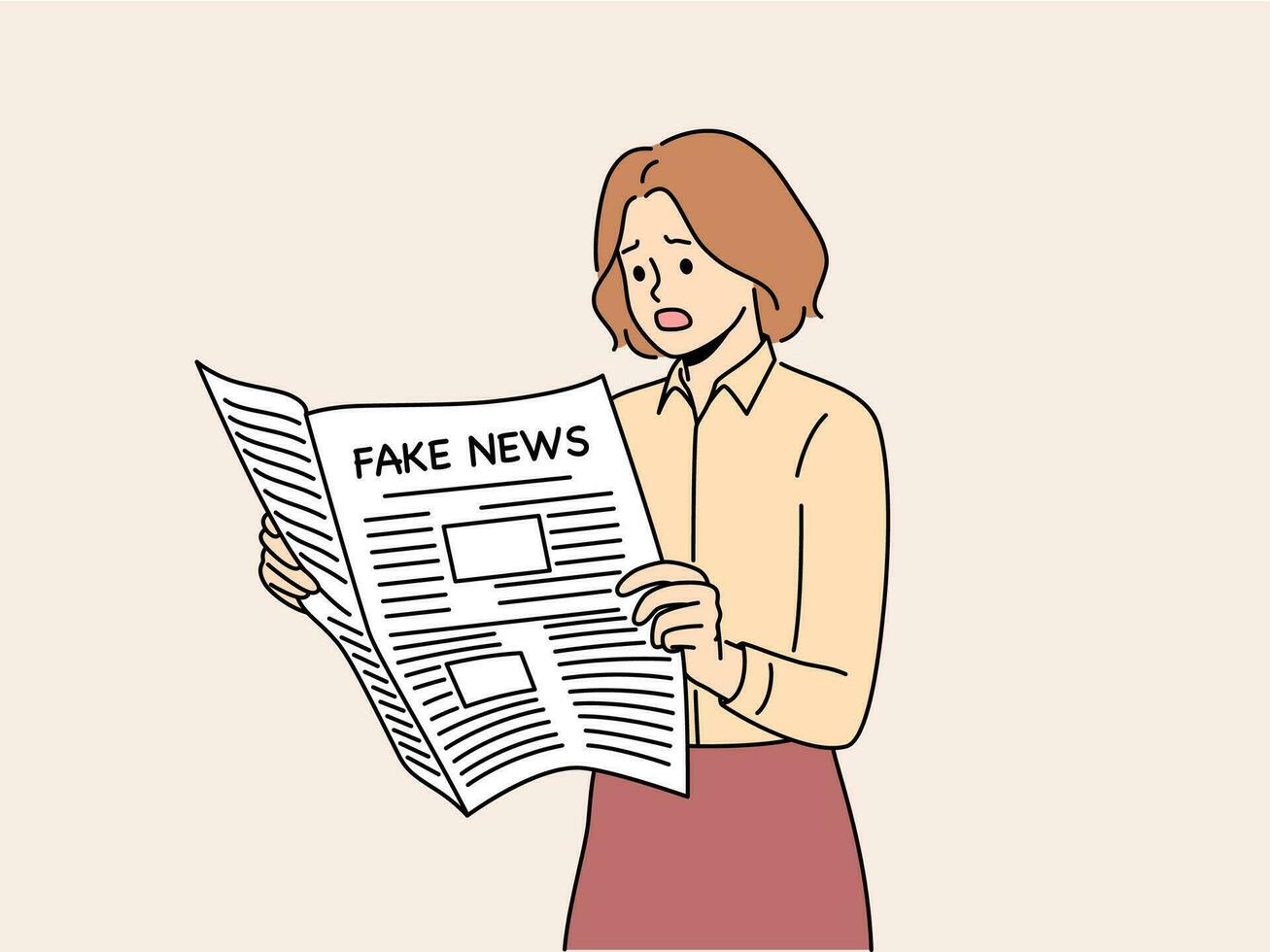 Newspaper with fake news in hands of woman reading false information from reporters using propaganda techniques to intimidate readers. Girl with newspaper with fake news frightened opens mouth vector